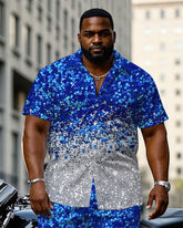 Big & Tall Men's Blue Cotton-Blend Sequins Christmas Short Sleeve Shirt Pants Set